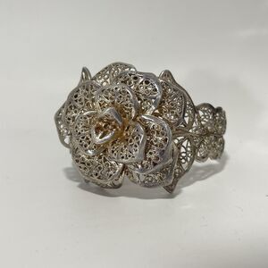 Vintage Filigree Floral Statement Cuff Bracelet Gold & Silver Tone Openwork